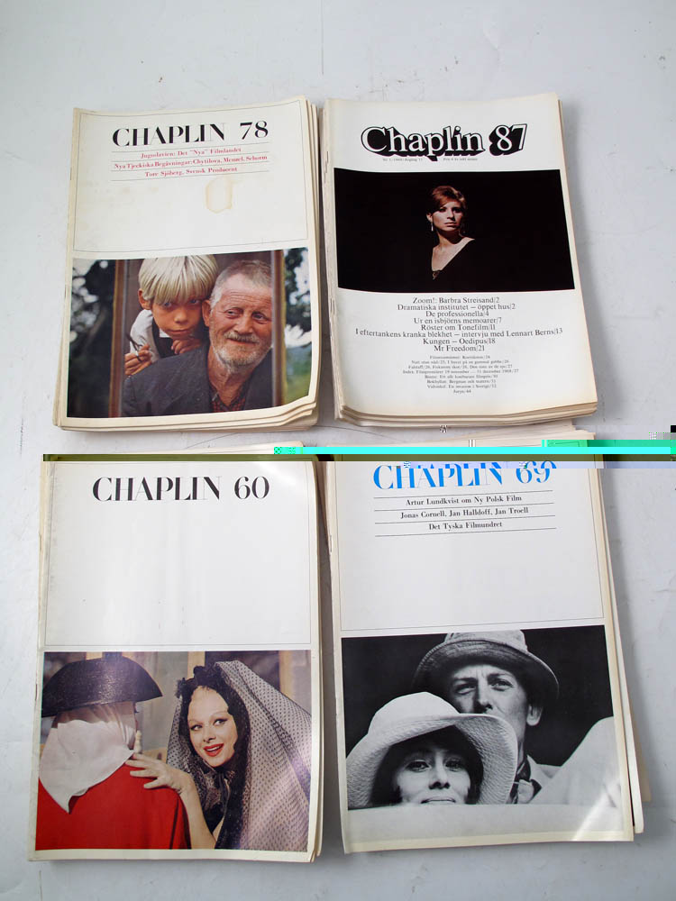 TIDSKRIFTER, Chaplin, Tidskrift f�r film 35 nummer, 1966 (1-7, 9) och tre kompletta �rgangar � 9 nummer 1967, 1968, 1969